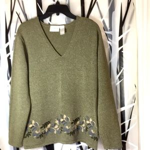 Knit V-neck Sweater Liz Sport Embroidered Hem XL Green